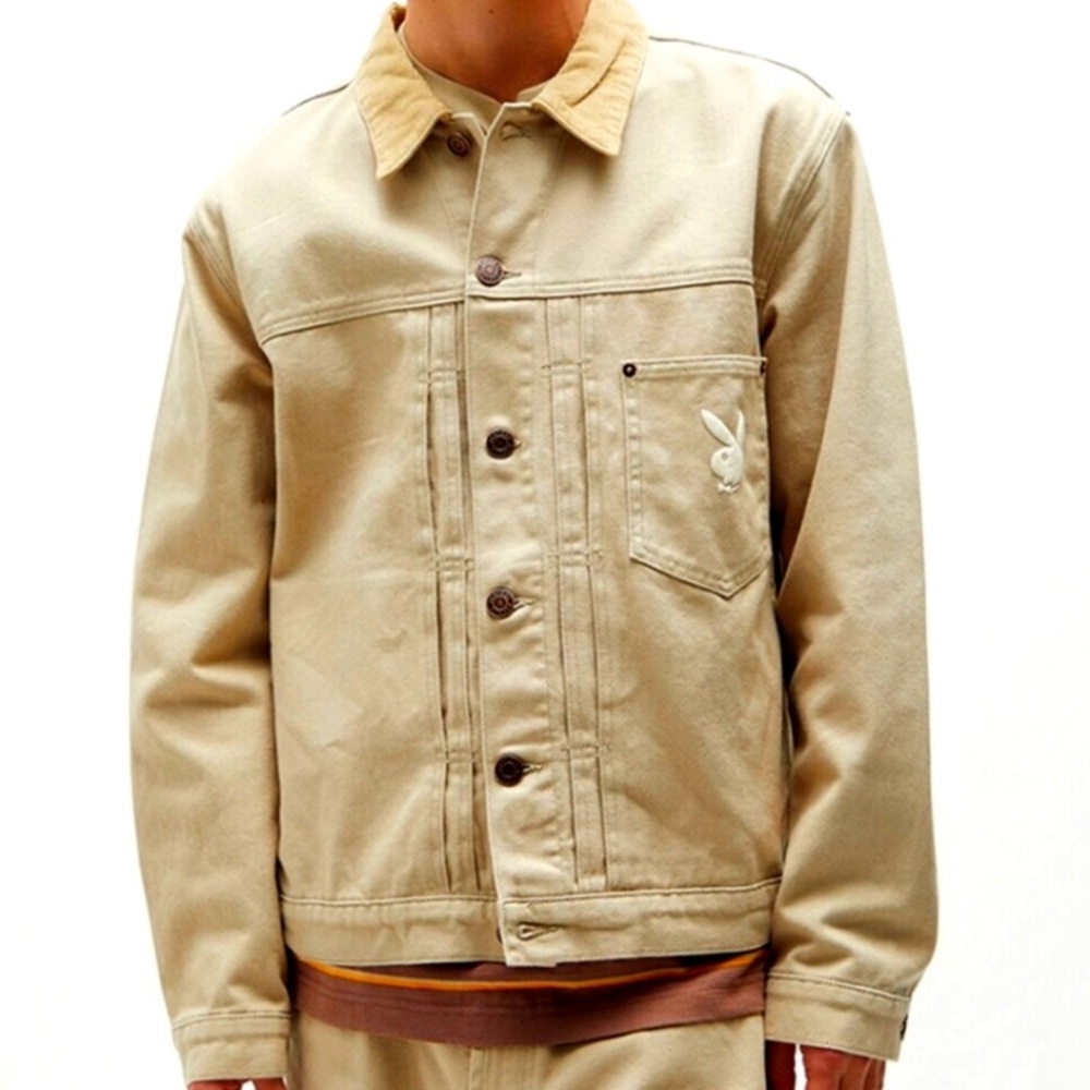 Playboy by Pacsun Men’s Beige Denim, Corduroy Collar Trucker Jacket  Size SMALL